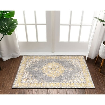 Well Woven Machine Washable Nile Tarifa Vintage Bohemian Medallion Floral Border Yellow 2'6" x 3'9" Accent Doormat