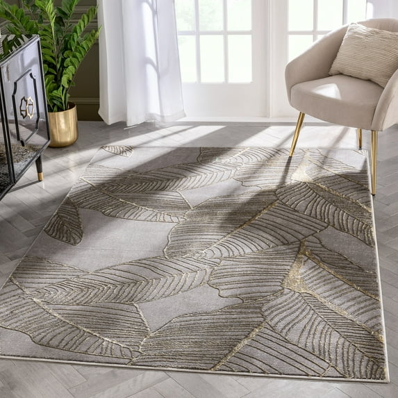 Well Woven Madie Grey & Gold Tropical Geometric Pattern 5x7 (5'3" x 7'3") Indoor Area Rug