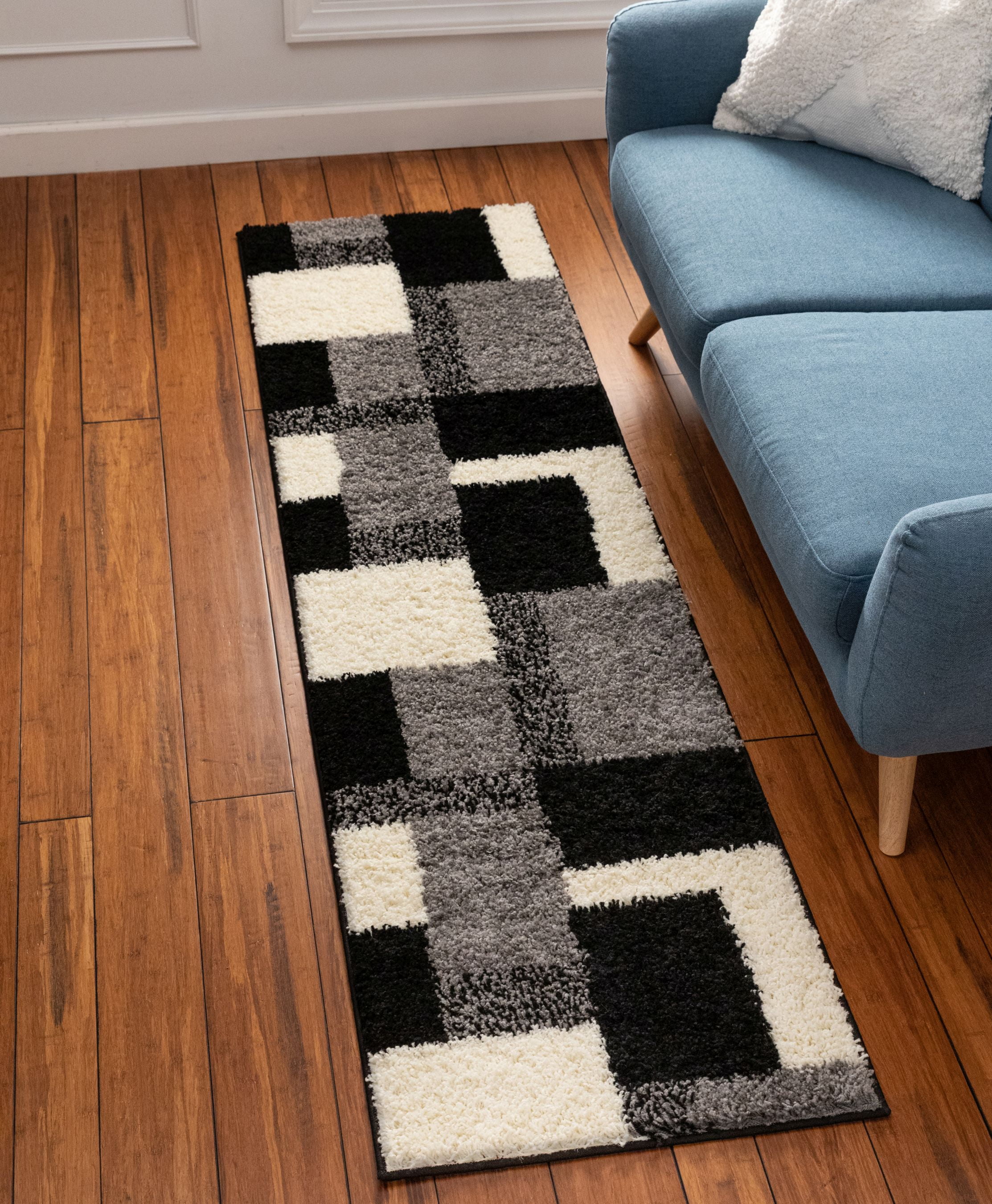 Well Woven Madison Basics Shag 2’7” x 9’10” Runner – Cubes in Black, Ultra‑Soft 2” Pile, Stain‑Resistant & Easy‑Clean