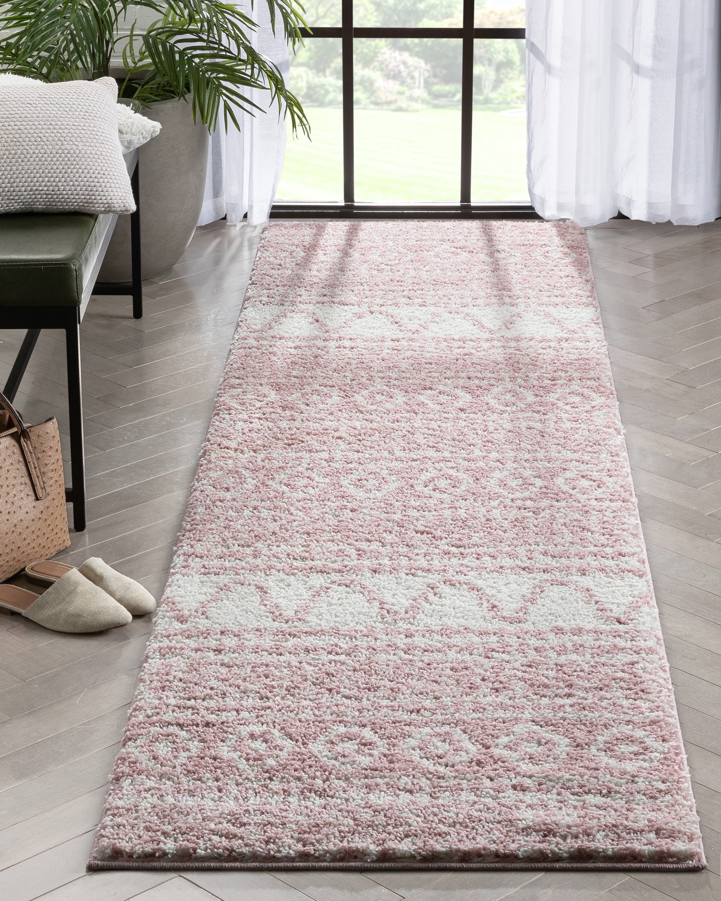 Well Woven Madison Shag Cossima Moroccan Shag Tribal Geometric Pink 2'7" x 9'10" Runner Rug