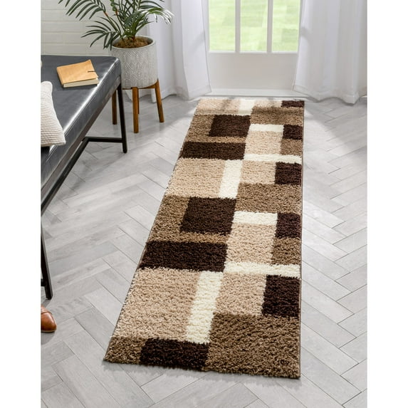 Well Woven Madison Shag Cubes Beige Brown Thick Shag 2' x 7'3" Runner Area Rug