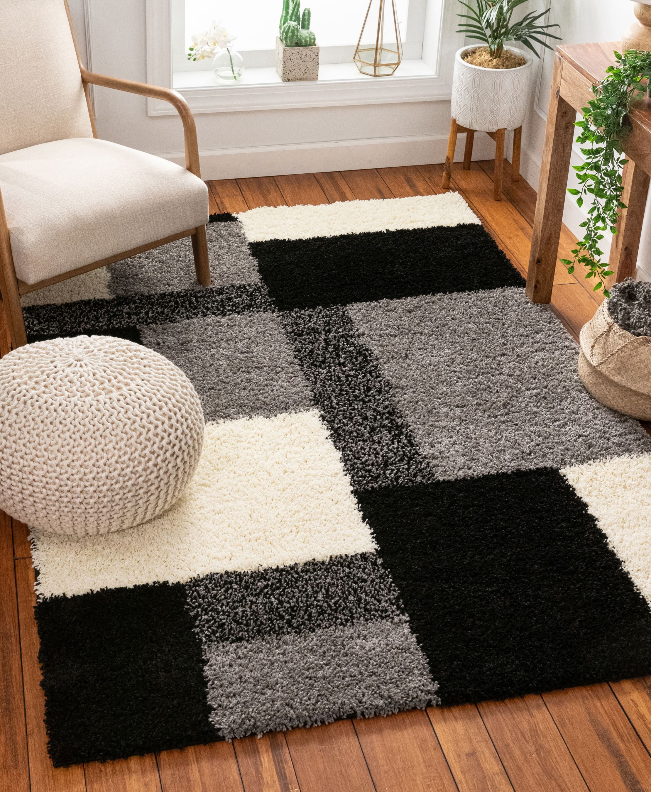 Well Woven Madison Shag Cubes Black Thick Shag 5' x 7'2" Area Rug