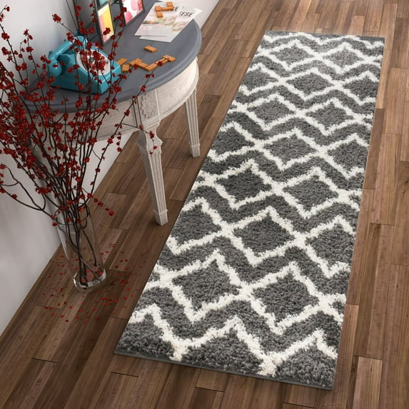 Well Woven Madison Shag Linx Geometric Modern Grey 2' x 7'3" Thick Runner Area Rug