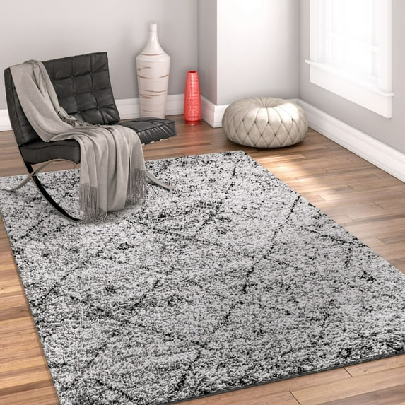 Well Woven Madison Shag Moroccan Lattice Modern Grey 2' x 3' Thick Area Rug
