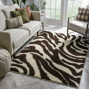 Well Woven Madison Shag Safari Zebra Animal Print Brown 5' x 7'2" Thick Area Rug