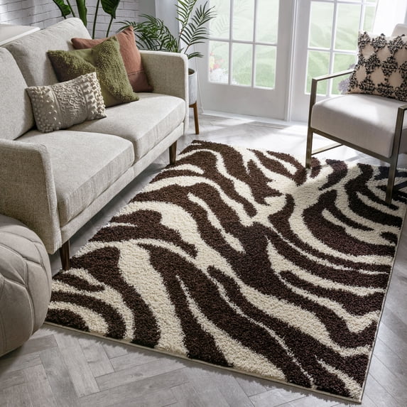 Well Woven Madison Shag Safari Zebra Animal Print Brown 5' x 7'2" Thick Area Rug