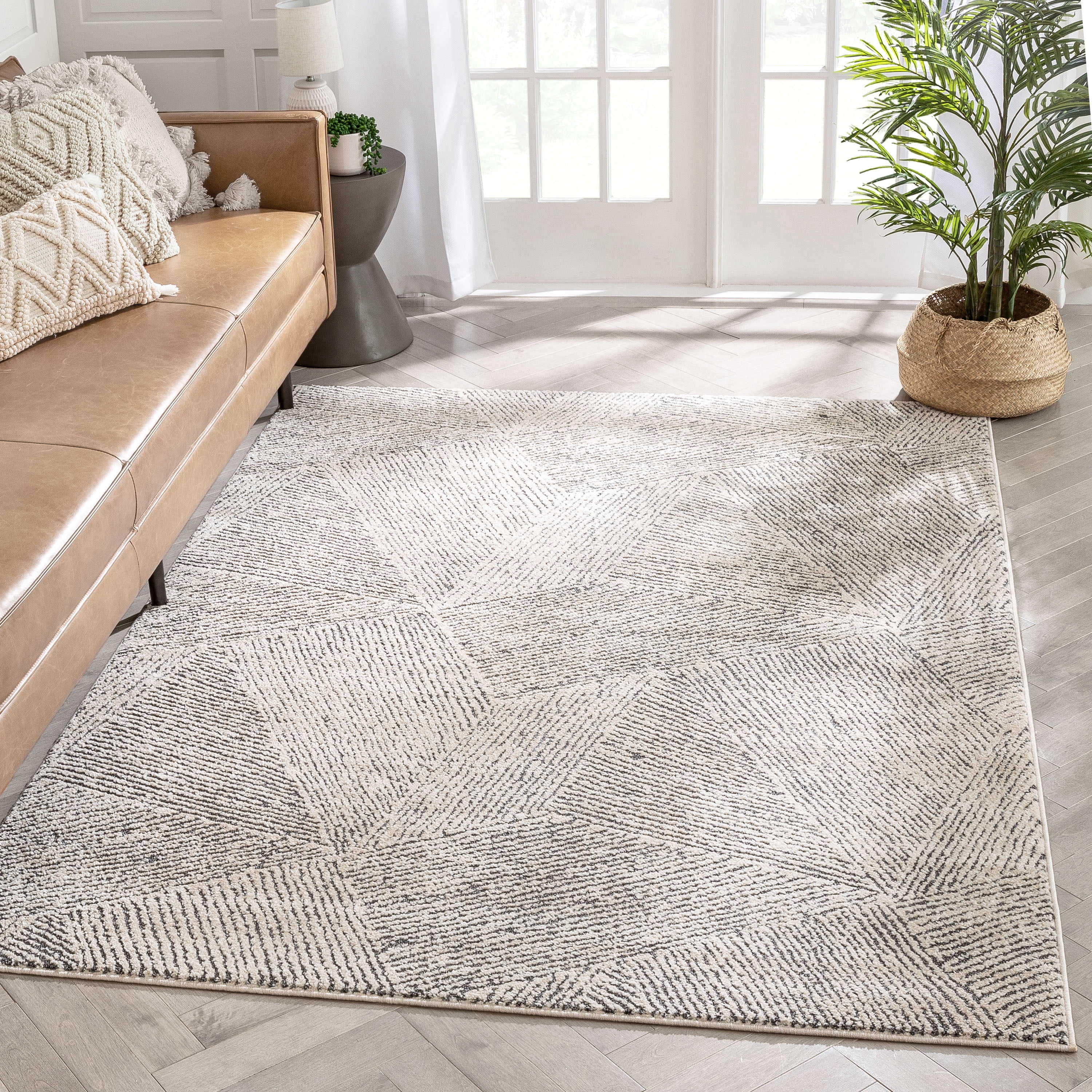 Well Woven Malaga Enzo Geometric Lines Beige 5'3" x 7'3" High-Low Area Rug