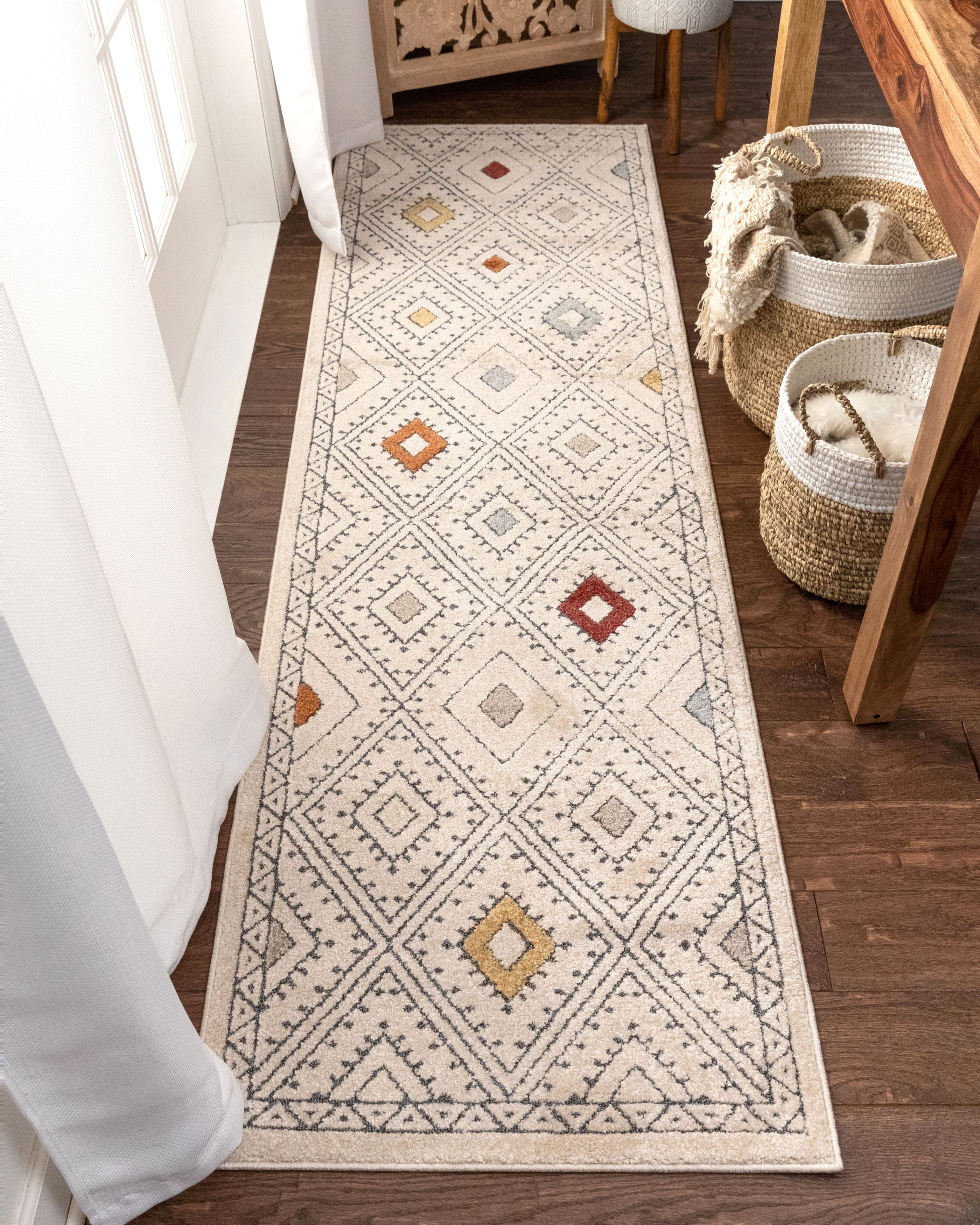 Beige and Red Geometric Synthetic Runner Rug 2'3" x 7'3"