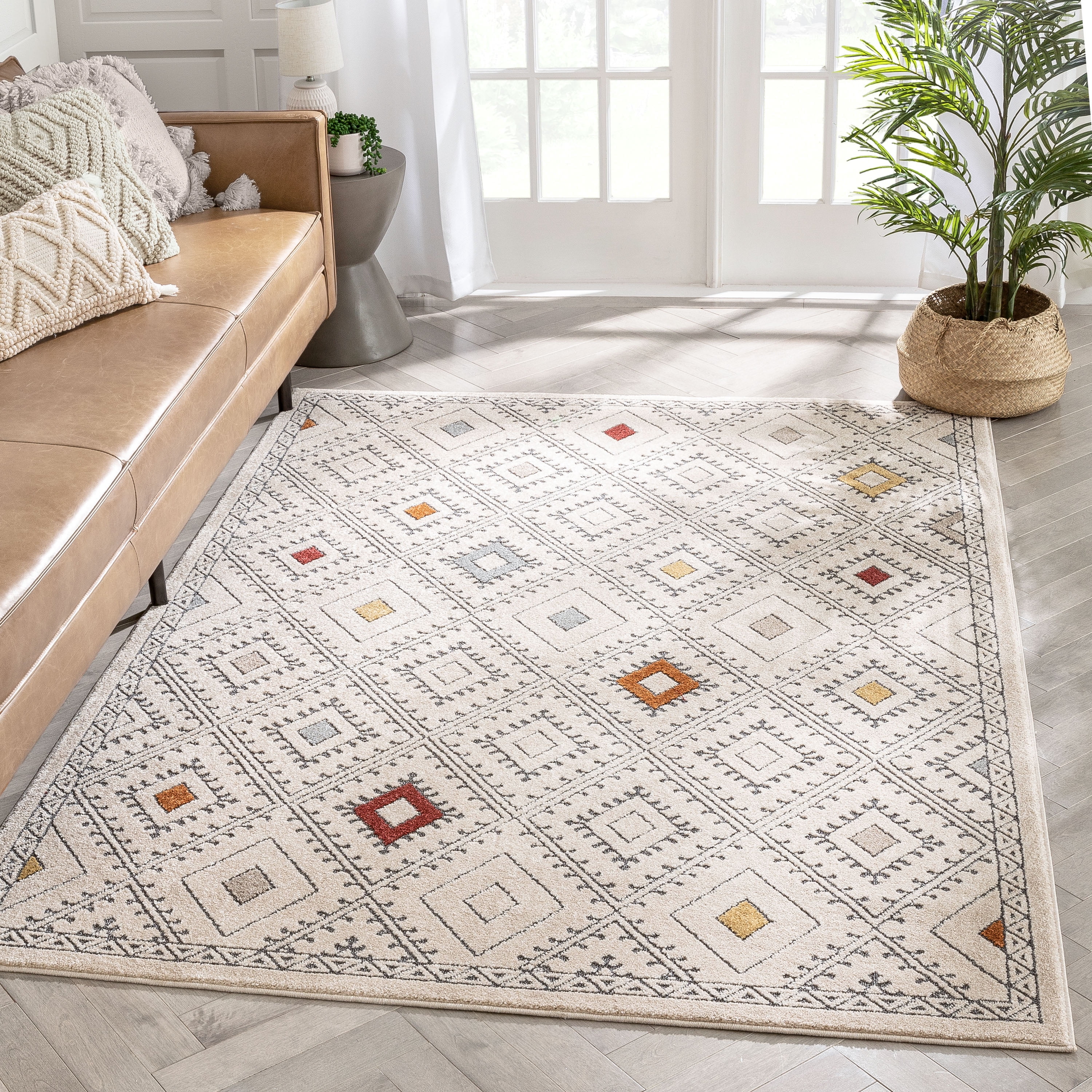 Beige and Red Geometric Synthetic Easy Care Area Rug
