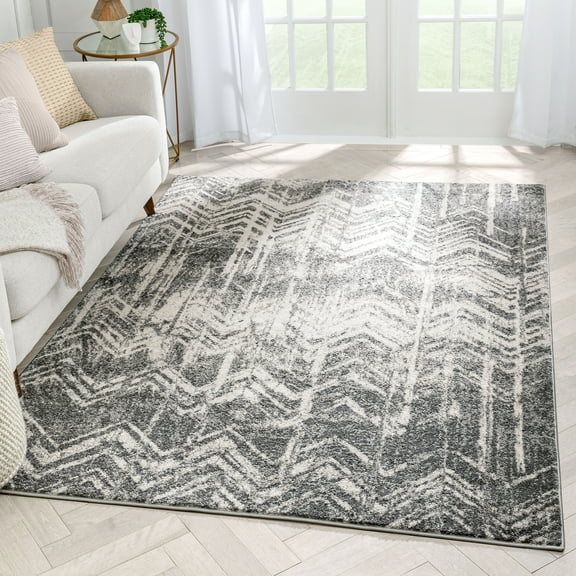Well Woven Marbella Grey & Ivory Zig-Zag Stripes Distressed Geometric Pattern Area Rug