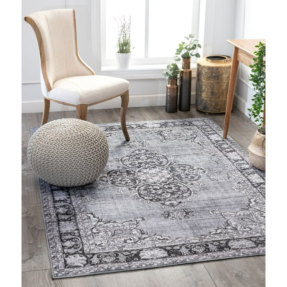 Well Woven Mareva Machine Washable Grey Vintage Oriental Medallion Area Rug