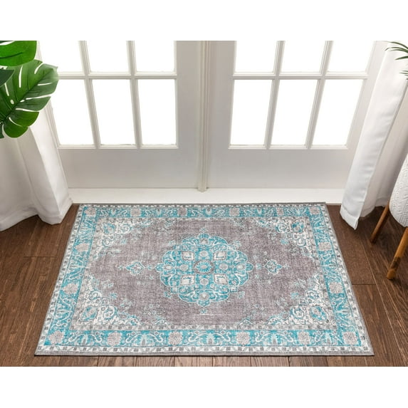Well Woven Mareva Machine Washable Teal Blue Vintage Oriental Medallion Area Rug