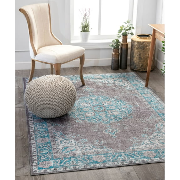 Well Woven Mareva Machine Washable Teal Blue Vintage Oriental Medallion Area Rug