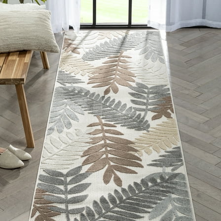 Well Woven Mariah 2'7" x 9'10" Runner Indoor/Outdoor High-Low Tropical Leaves Ivory Rug