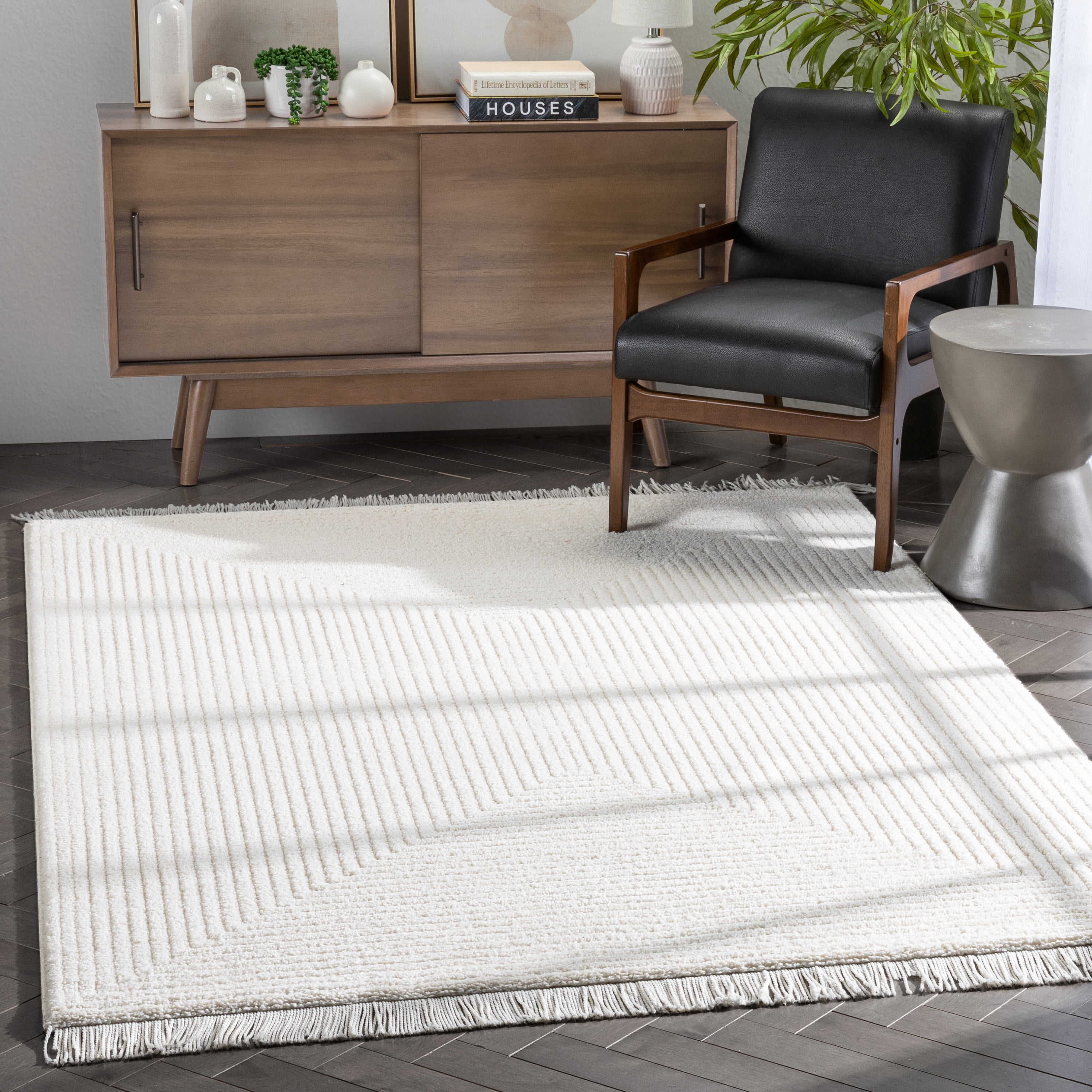 Ivory Geometric High-Low Shag Runner Rug 2'3" x 7'3"