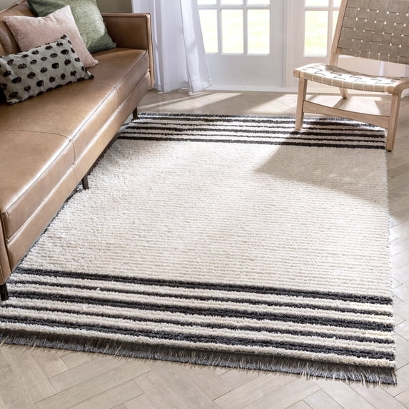 Well Woven Maya Adriel Solid Border Pattern Ivory 5'3" x 7'3" Textured Pile Area Rug