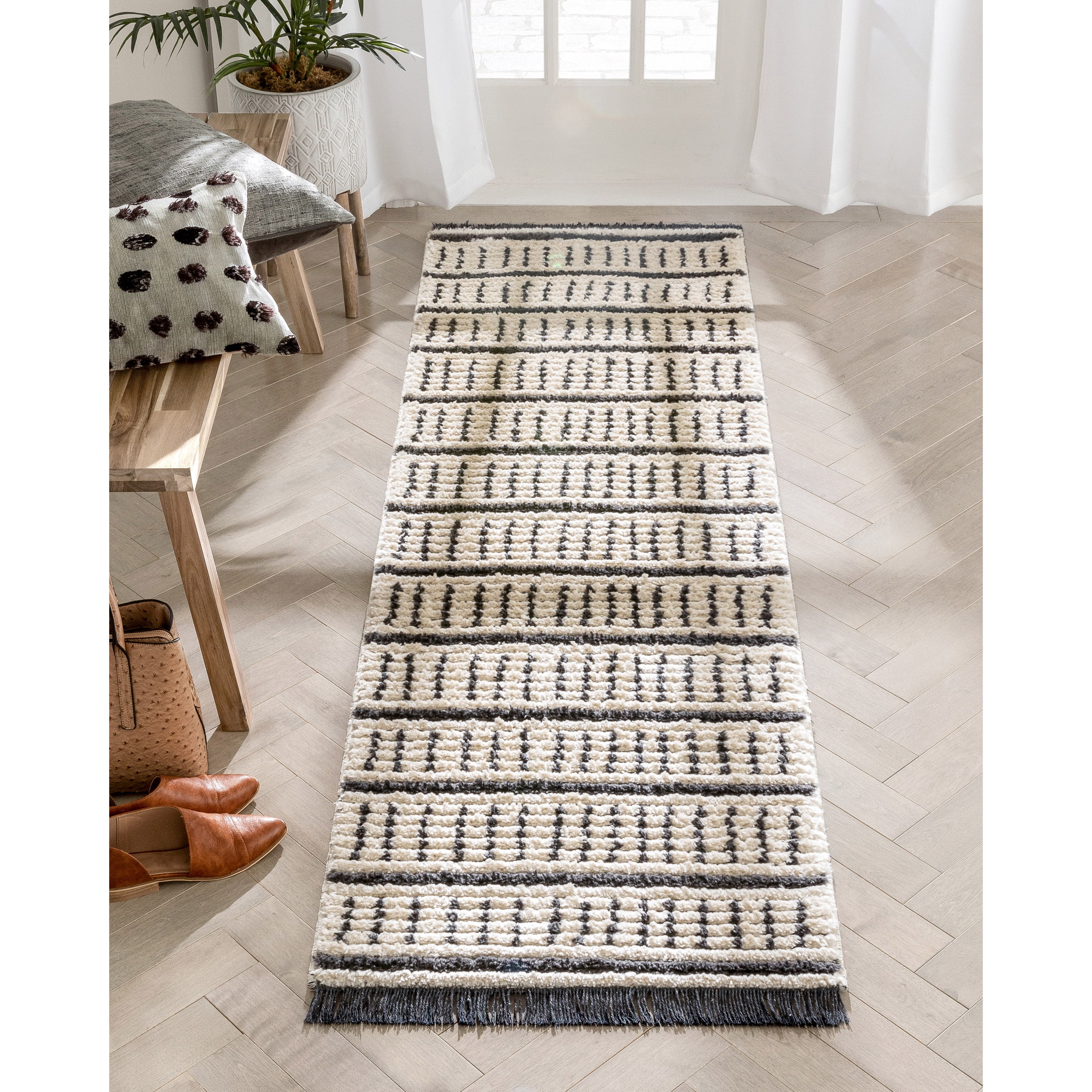 Ivory and Gray Geometric Handmade Synthetic Runner Rug