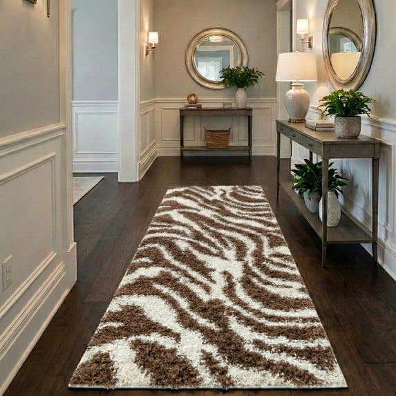 Well Woven Mazie Animal Print 2x7 (2'' x 7'3'' Runner) Shag Zebra Brown Ivory Area Rug