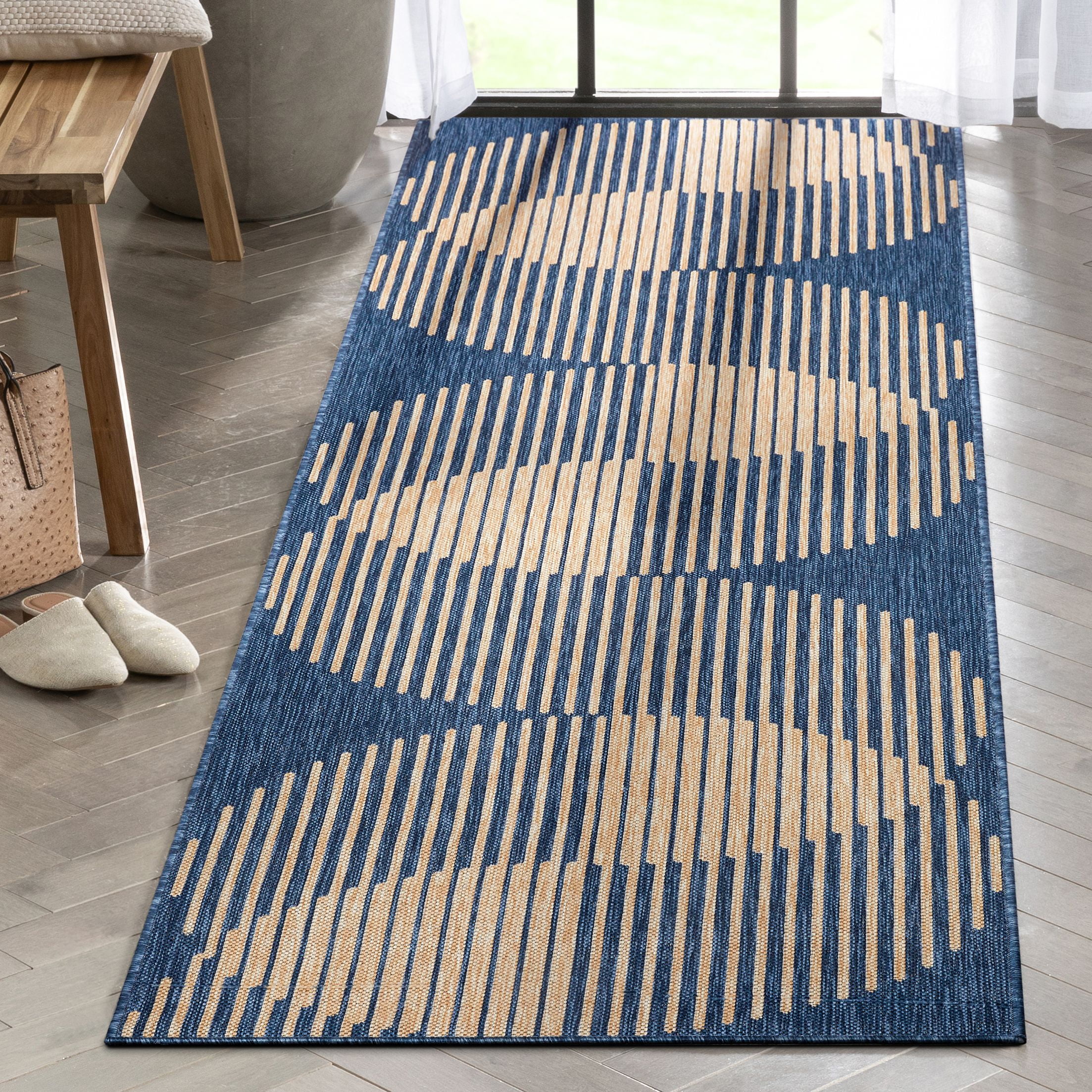 Blue and Beige Flat Woven Synthetic Runner Rug, 2'7" x 9'10"