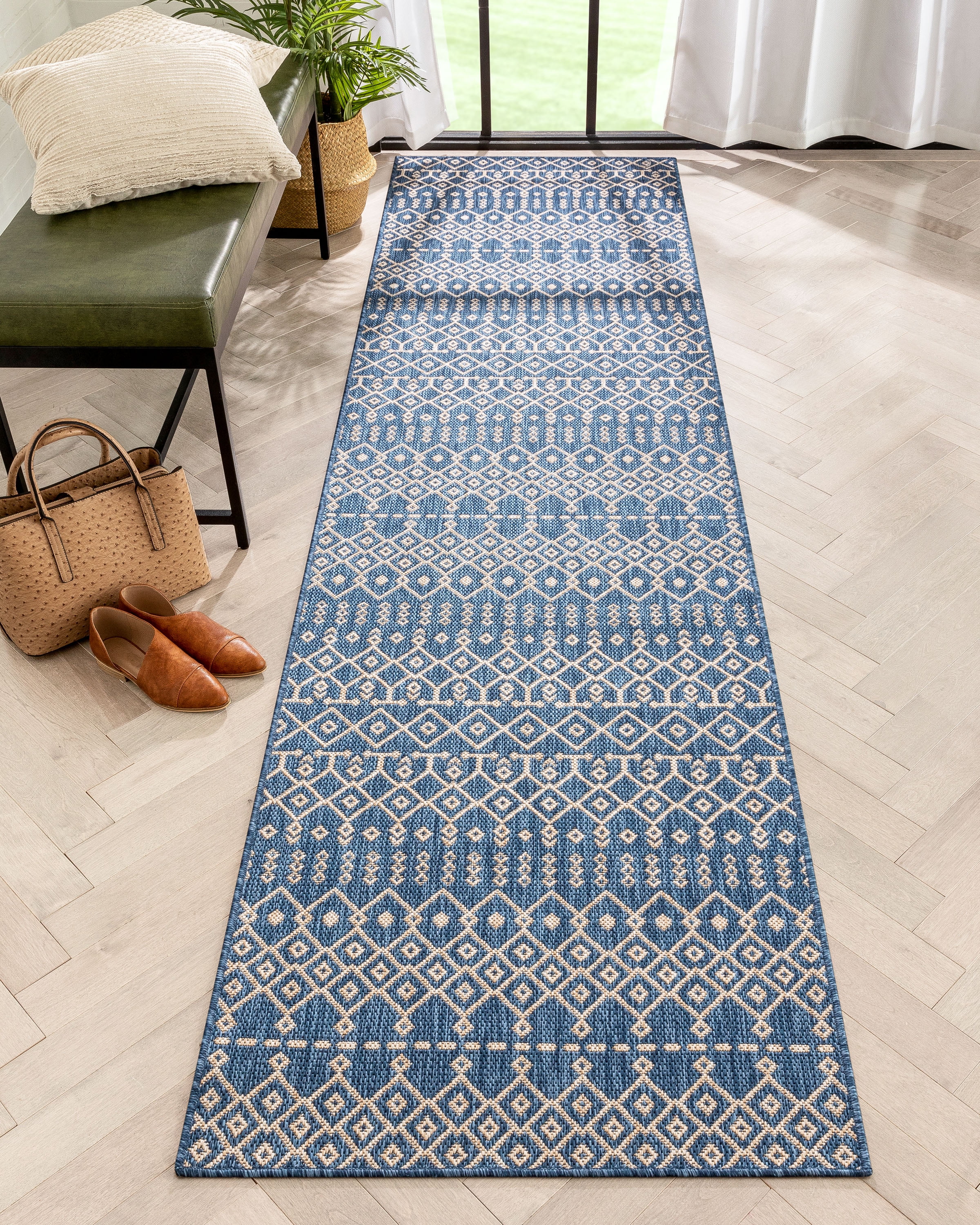 Nordic Blue and Beige Synthetic Flat-Weave Runner Rug