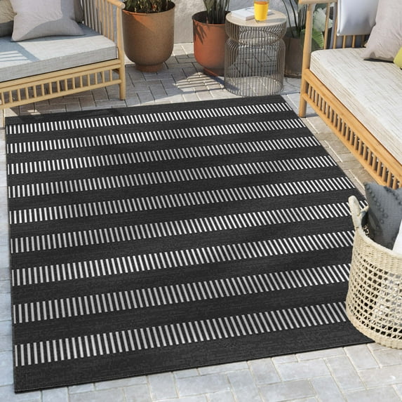 Well Woven Medusa Stria Modern Stripes Black 7'10" x 9'10" Indoor Outdoor Area Rug