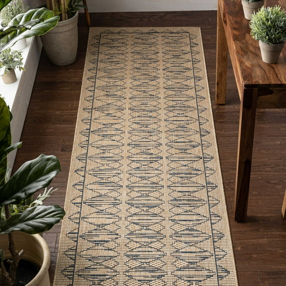 Well Woven Medusa Vidar Trellis Diamond Pattern Blue Ivory 2'7" x 9'10" Indoor/Outdoor Flat-Weave Runner Rug