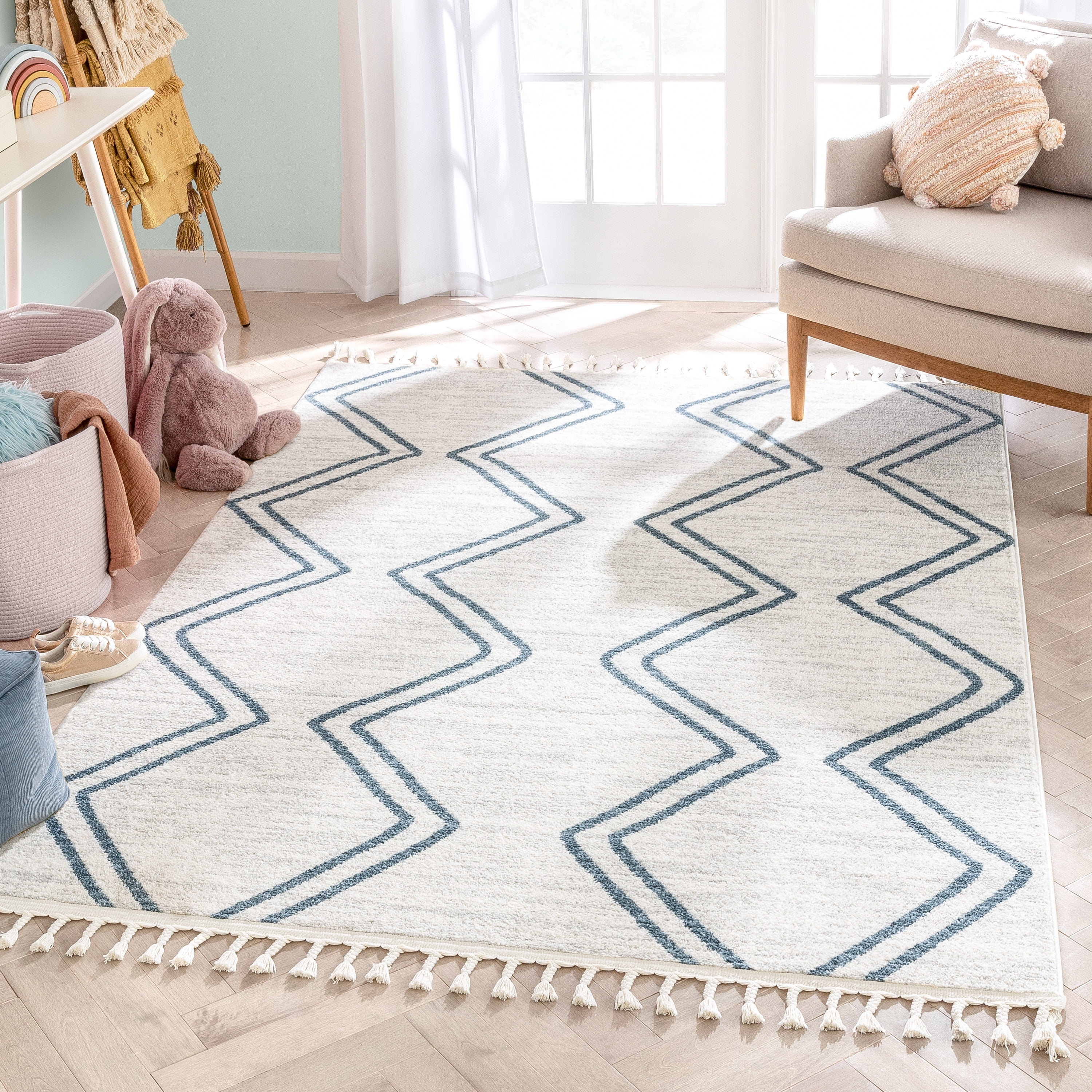 Blue Ivory Geometric Cotton Kids Runner Rug 2'3" x 7'3"