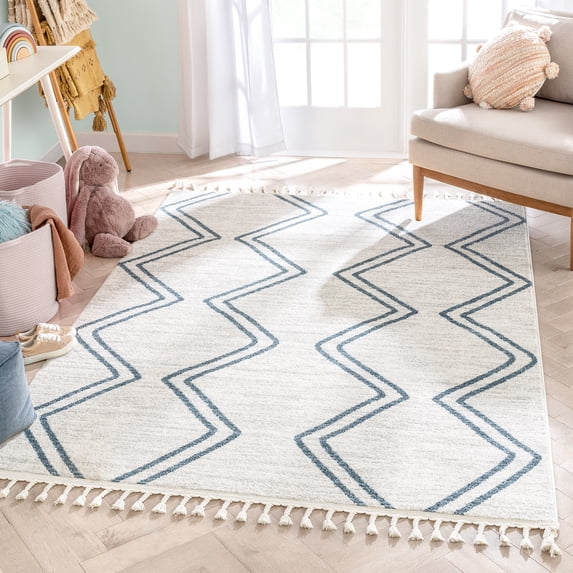 Well Woven Merri Blue Ivory Geometric Stripes Stain-Runner Rug (2'3" x 7'3")