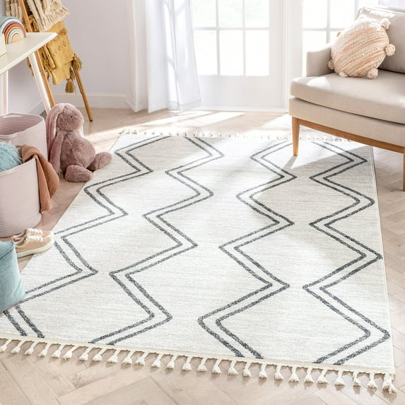 Well Woven Merri Grey Ivory Geometric Stripes Stain-Area Rug (6'7" x 9'3")