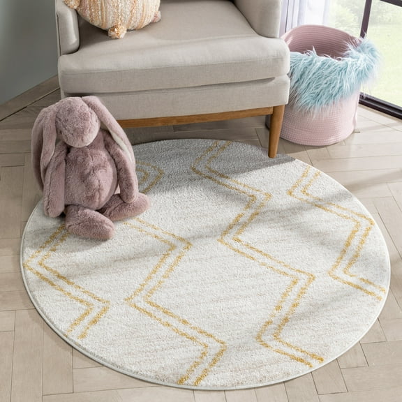 Well Woven Merri Yellow Ivory Geometric Stripes Stain-Area Rug (4' Round)
