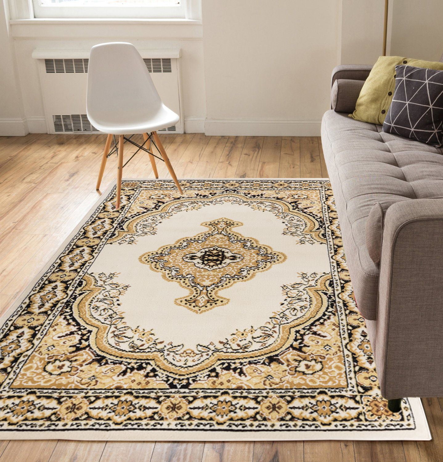 Ivory and Gold Rectangular Synthetic Traditional Area Rug