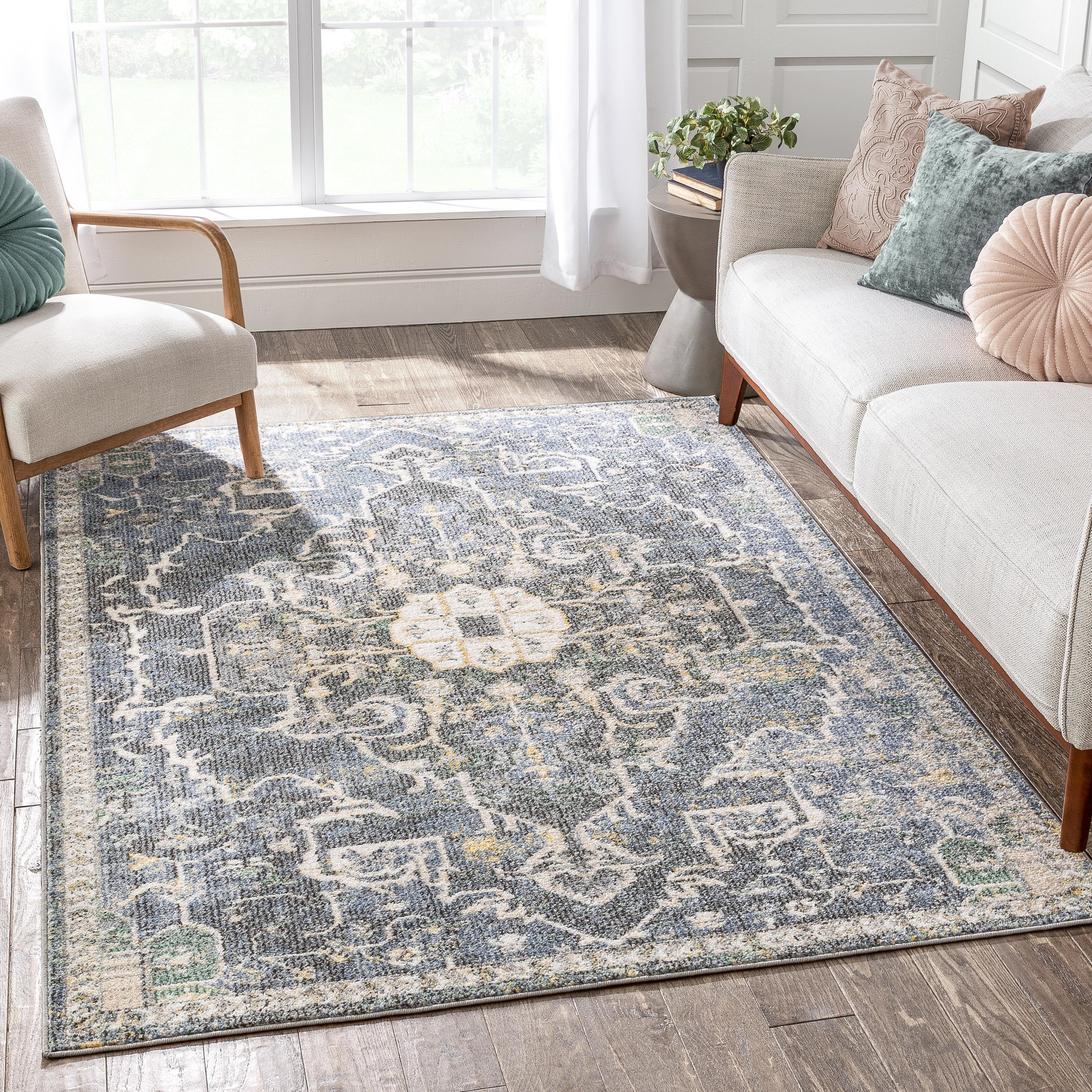 Blue Distressed Oriental Synthetic Area Rug 5'3" x 7'3"