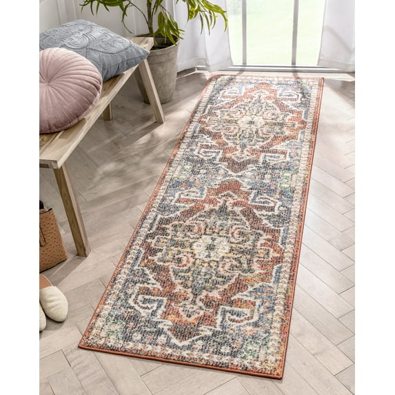 Well Woven Miro Lyon Vintage Medallion Red Rust Blue Distressed 2'3" x 7'3" Runner Area Rug