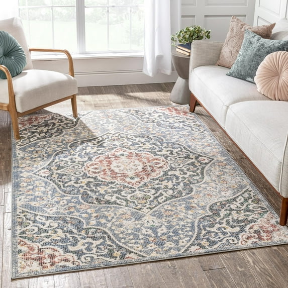 Well Woven Miro Nantes Medallion Oriental Botanical Blue Vintage Distressed 7'10" x 9'10" Area Rug