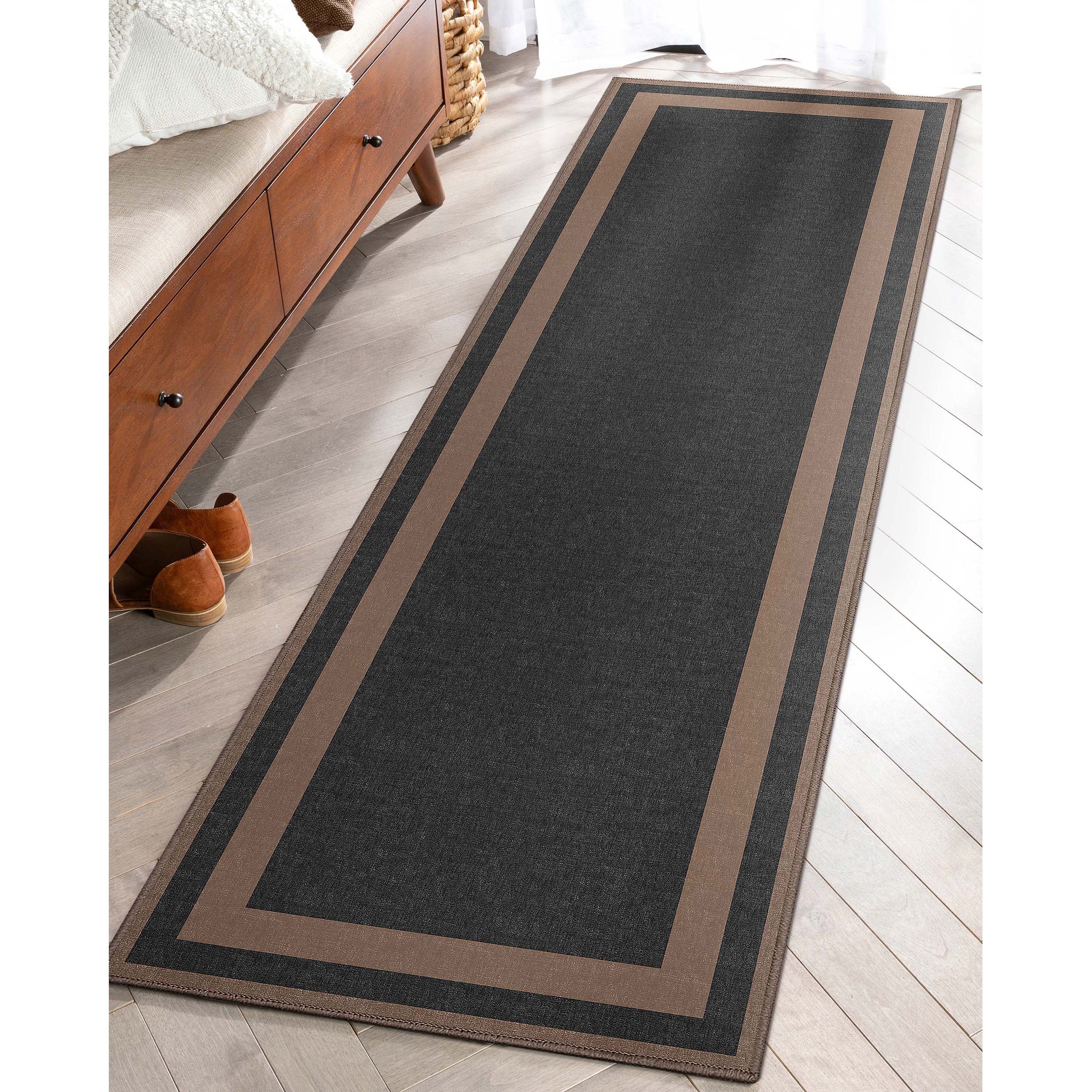 Well Woven Modern Plain Border Black Flat Pile Easy to Clean 2'3" x 7'3" Runner Rug for Living Room Stairs Hallway and Kitchen