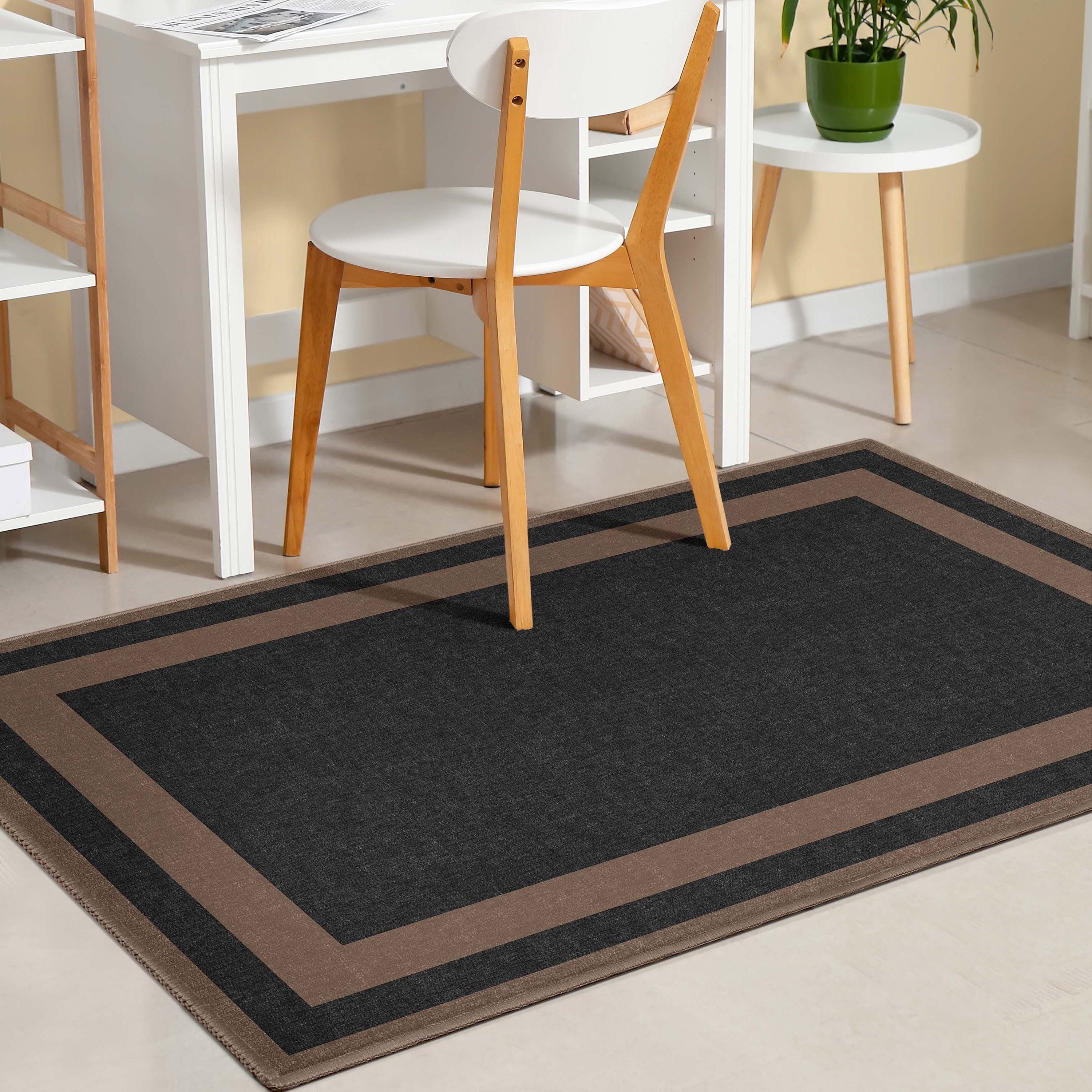 Well Woven Modern Plain Border Black Flat Pile Easy to Clean 3'3" x 5' Area Rug for Living Room Dining Room Bedroom and Kitchen