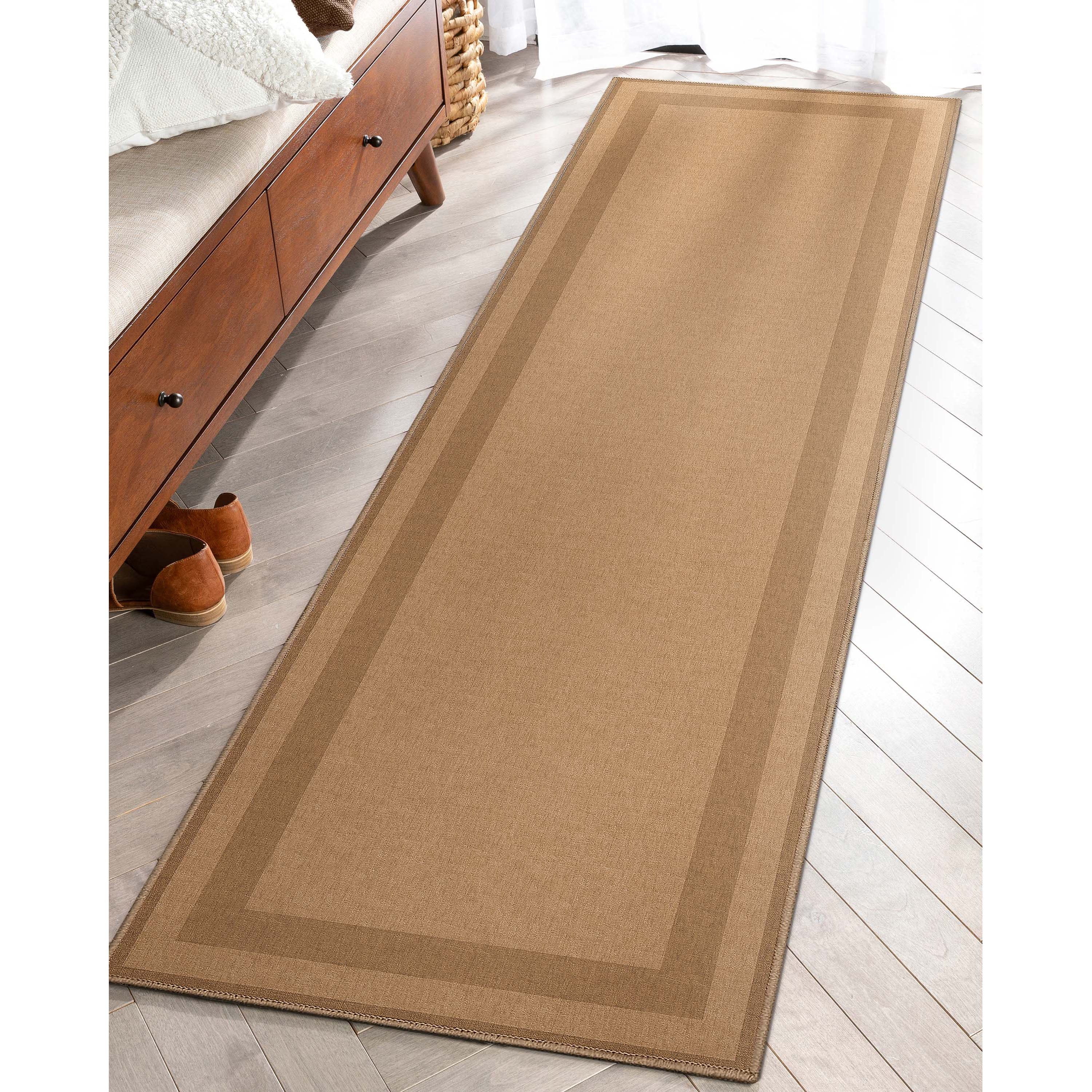 Well Woven Modern Plain Border Brown Flat Pile Easy to Clean 2'3" x 7'3" Runner Rug for Living Room Stairs Hallway and Kitchen