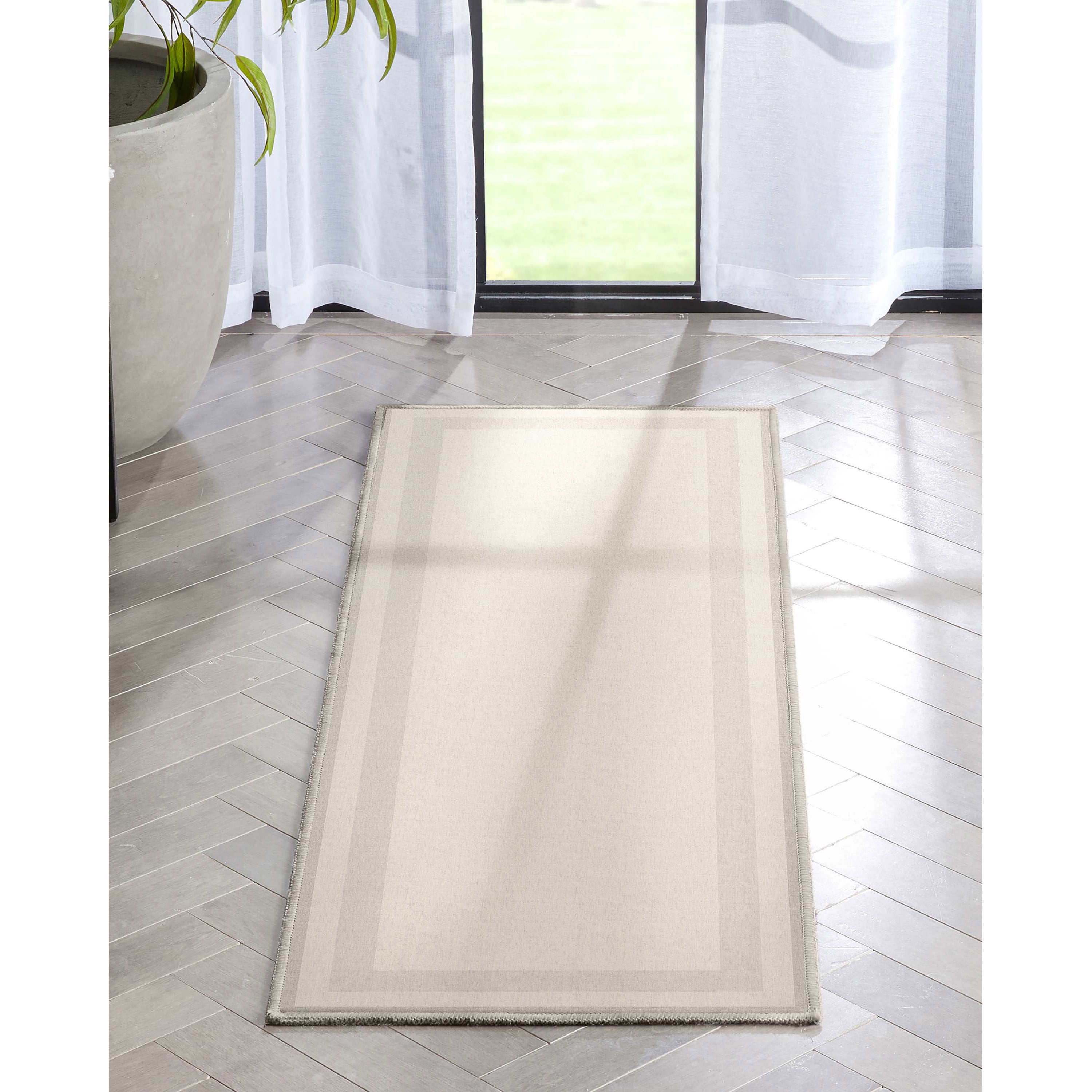 Well Woven Modern Plain Border Cream Flat Pile Easy to Clean 2' x 5' Runner Rug for Hallway Entryway Stair and Kitchen