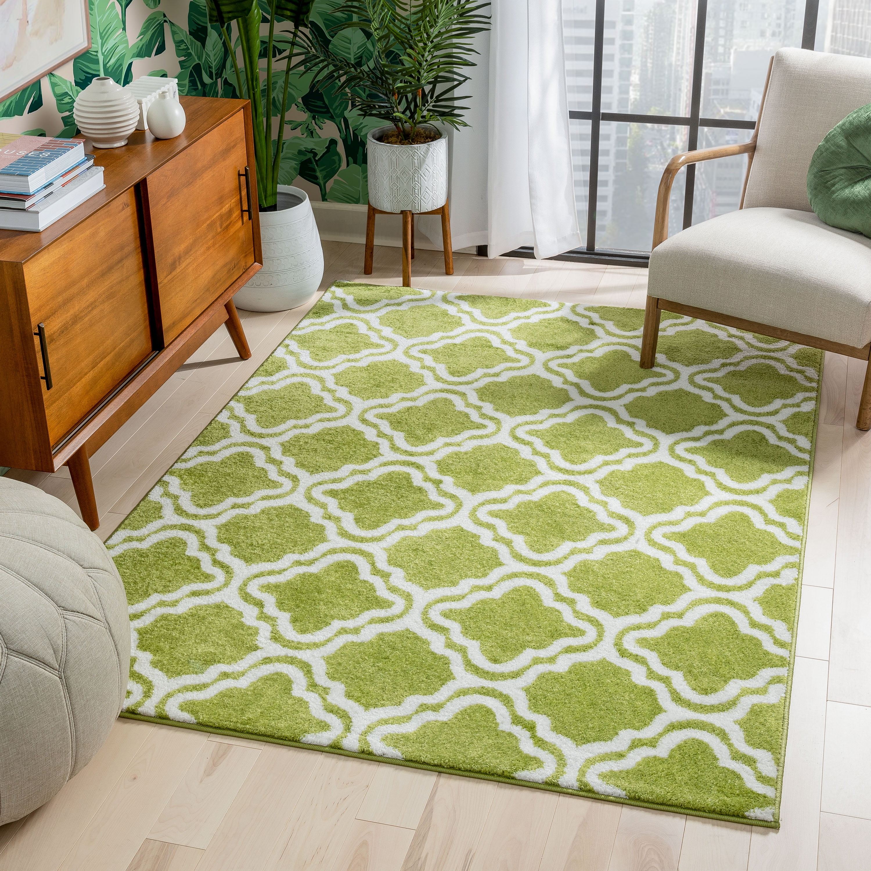 Green and White Geometric Synthetic Kids Area Rug, 3'3" x 5'