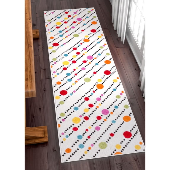 Well Woven Modern Rug Dandy Dots Stripes Ivory 2'3" x 7'3" Runner Accent Area Rug Entry Way Bright Kids Room Kitchn Bedroom Carpet Bathroom Soft Durable Area Rug