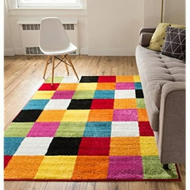 Well Woven Modern Rug Squares Multi Geometric Accent 5' x 7' Area Rug Entry Way Bright Kids Room Kitchn Bedroom Carpet Bathroom Soft Durable Area Rug