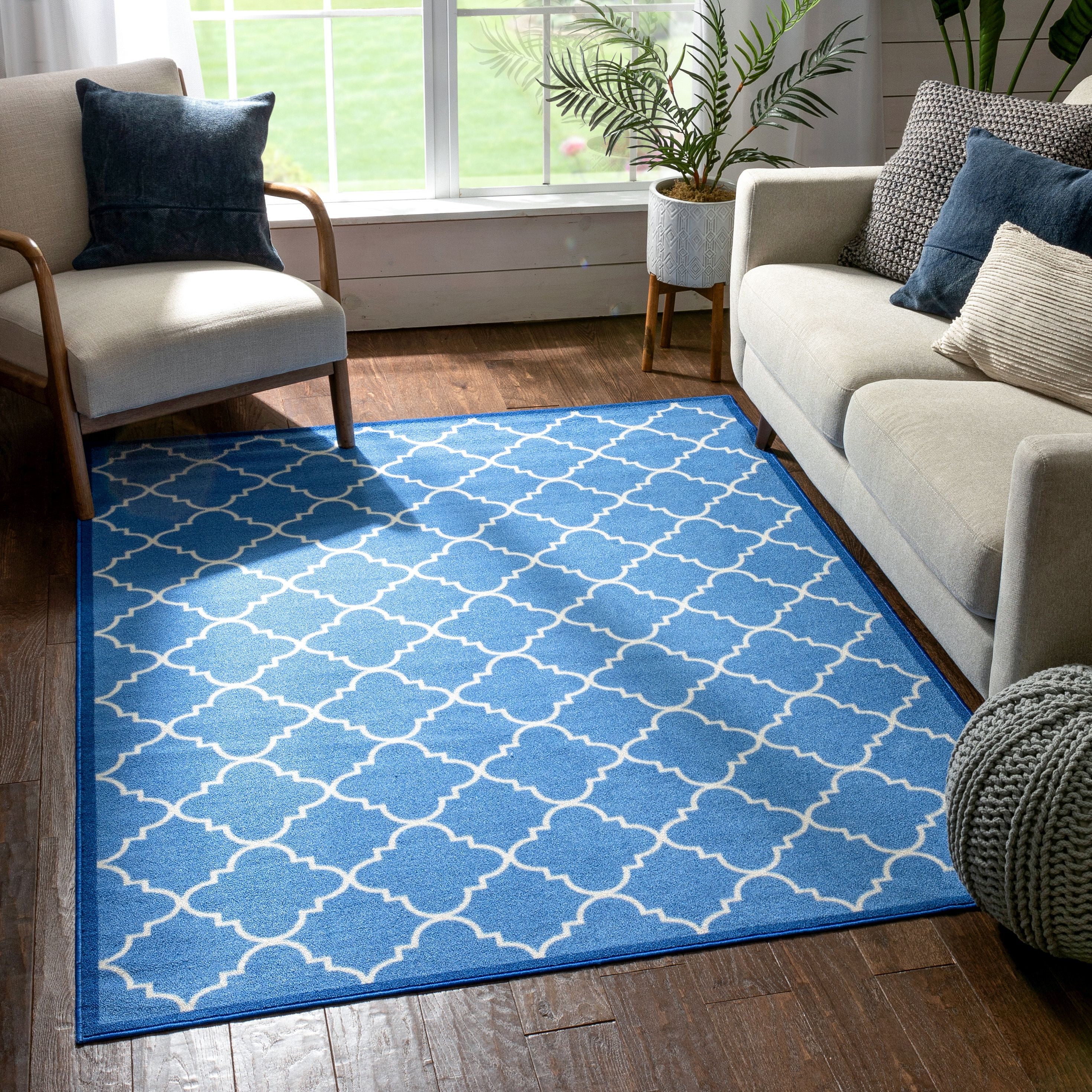 Well Woven Kings Court Brooklyn Trellis Blue Modern Non Slip Washable 6'6" x 8'8" Area Rug