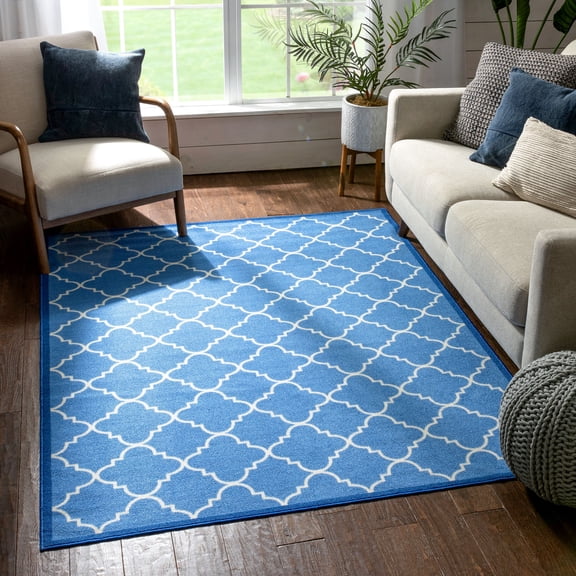 Well Woven Kings Court Brooklyn Trellis Blue Modern Non Slip Washable 6'6" x 8'8" Area Rug