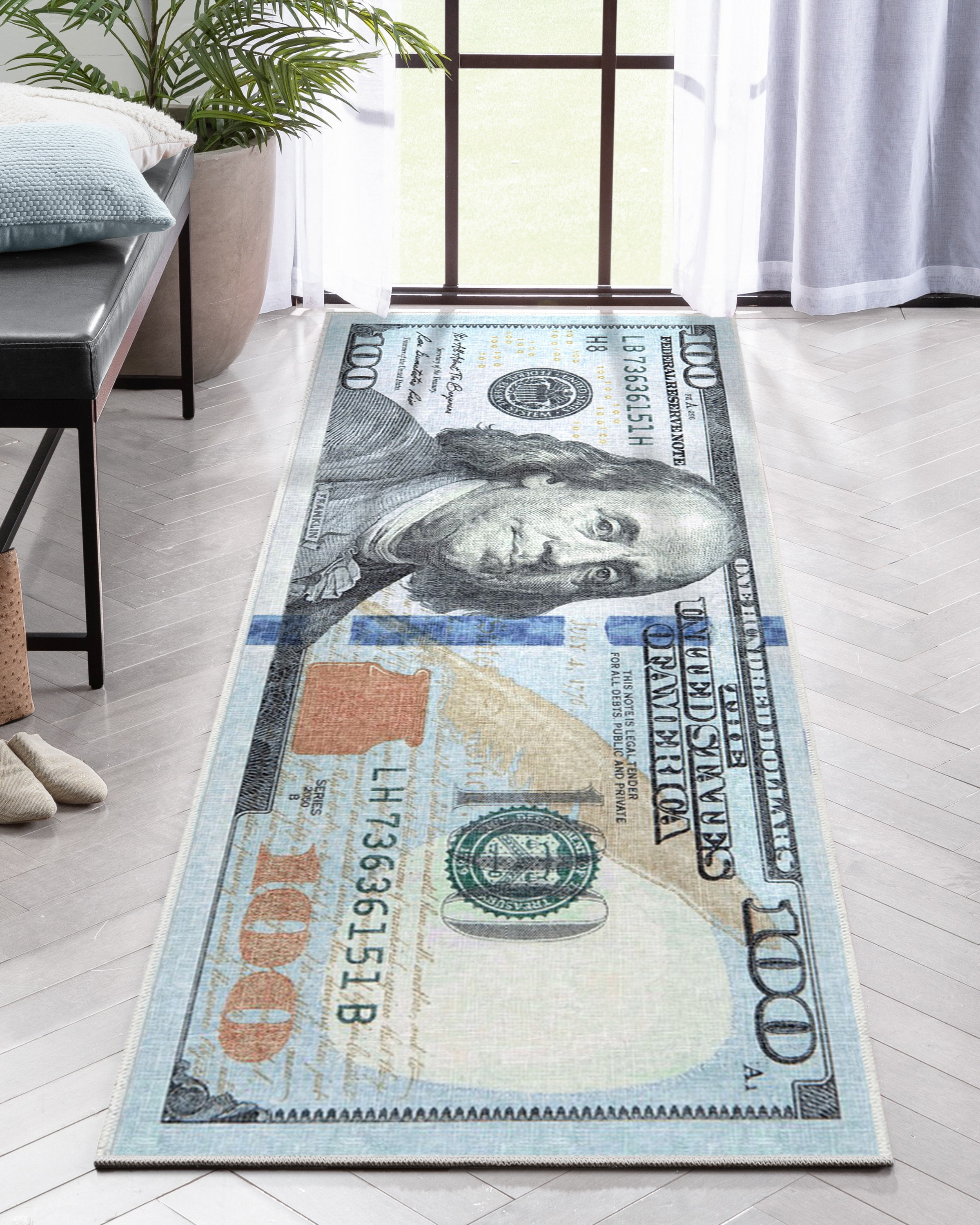 Well Woven Money Dollar Front Novelty Novelty Green Blue 3'3" x 7'10" Runner Rug