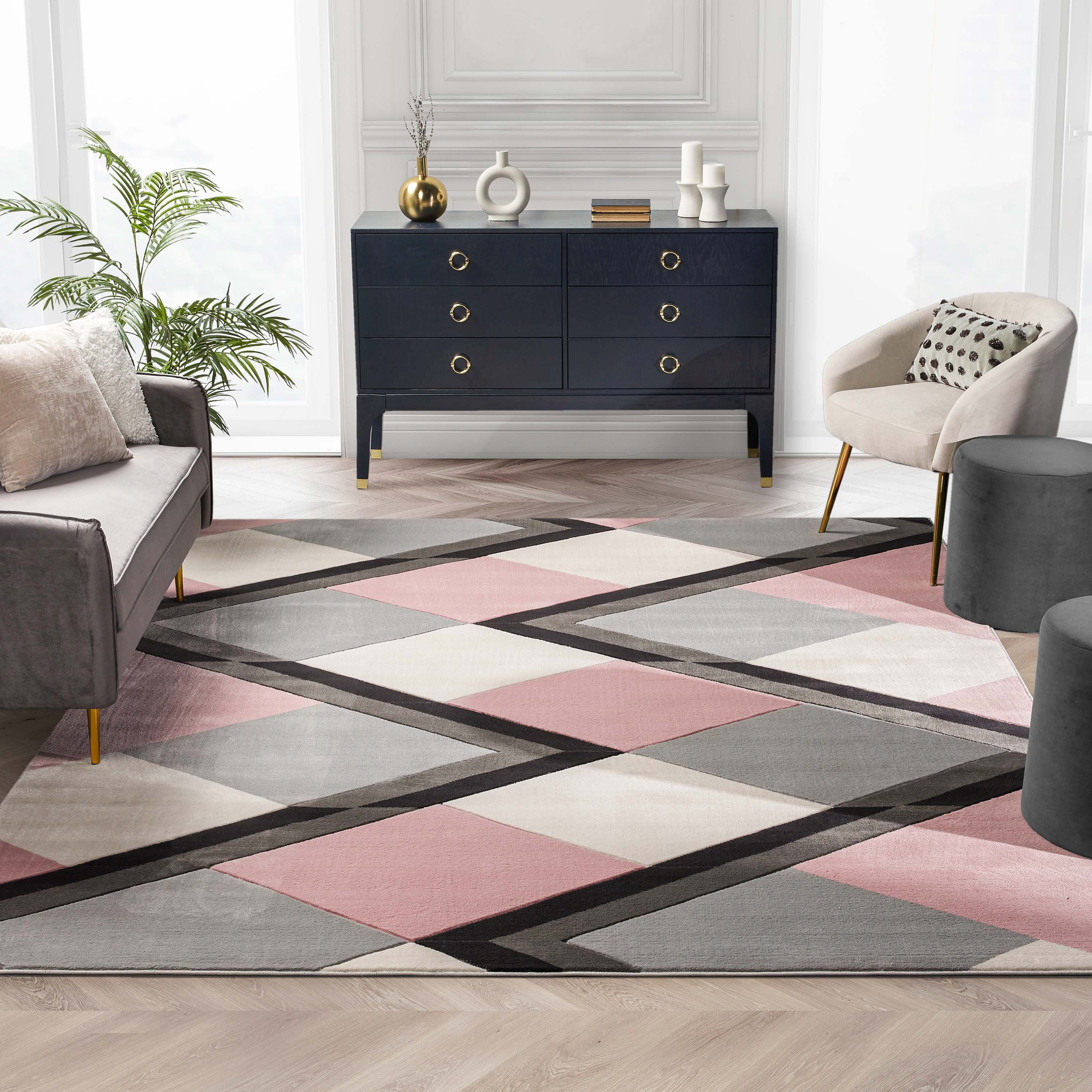 Blush Pink and Gray Geometric Synthetic Area Rug 5' x 7'