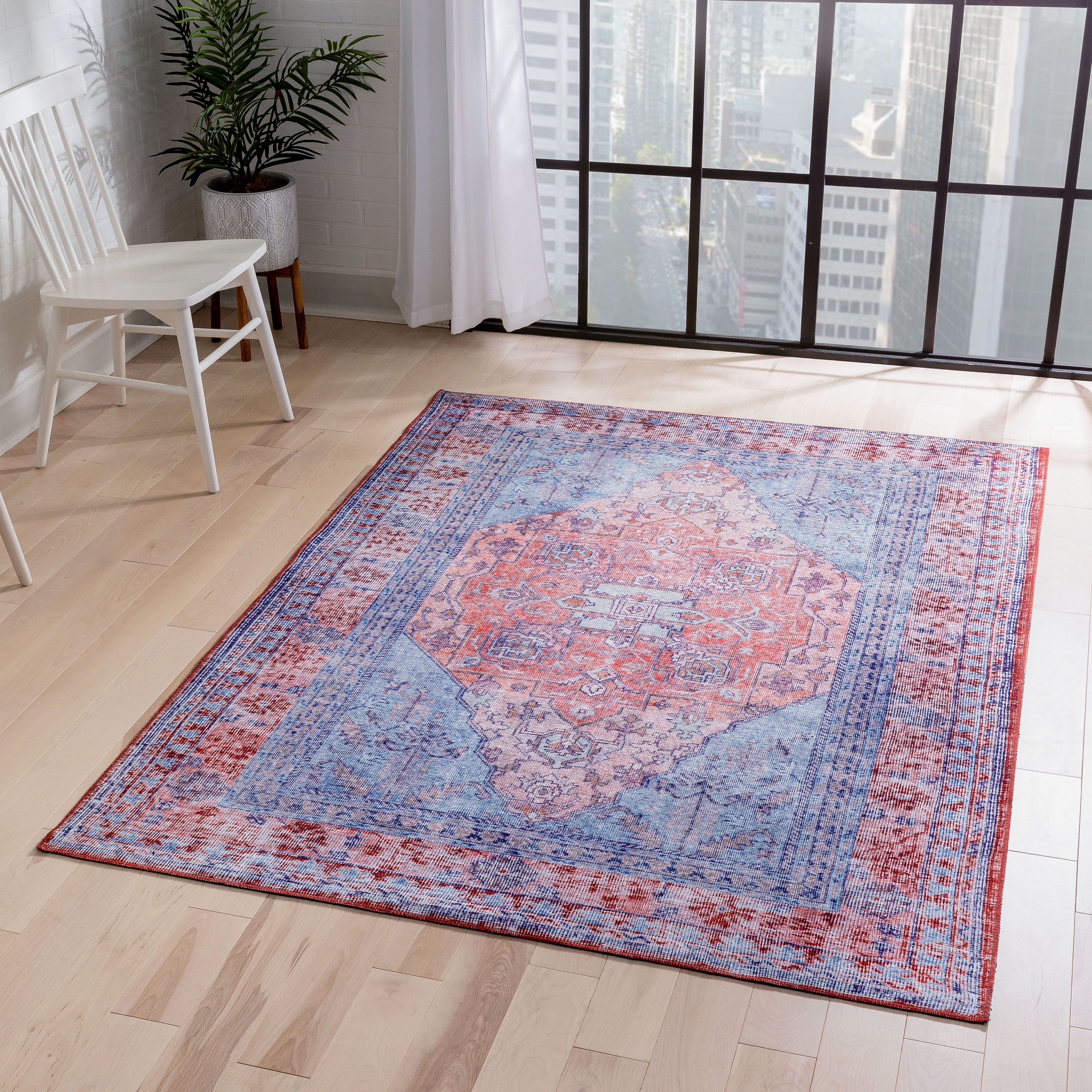 Blue Red Medallion Chenille Flat-Weave 7'7" x 9'6" Area Rug