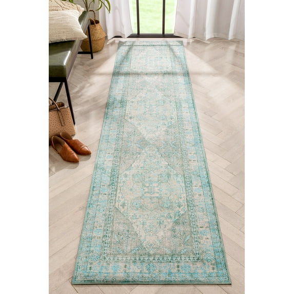 Well Woven Nile Gila Vintage Bohemian Medallion Botanical Border Green 2'5" x 9'10" Runner Machine Washable Flat-Weave Area Rug