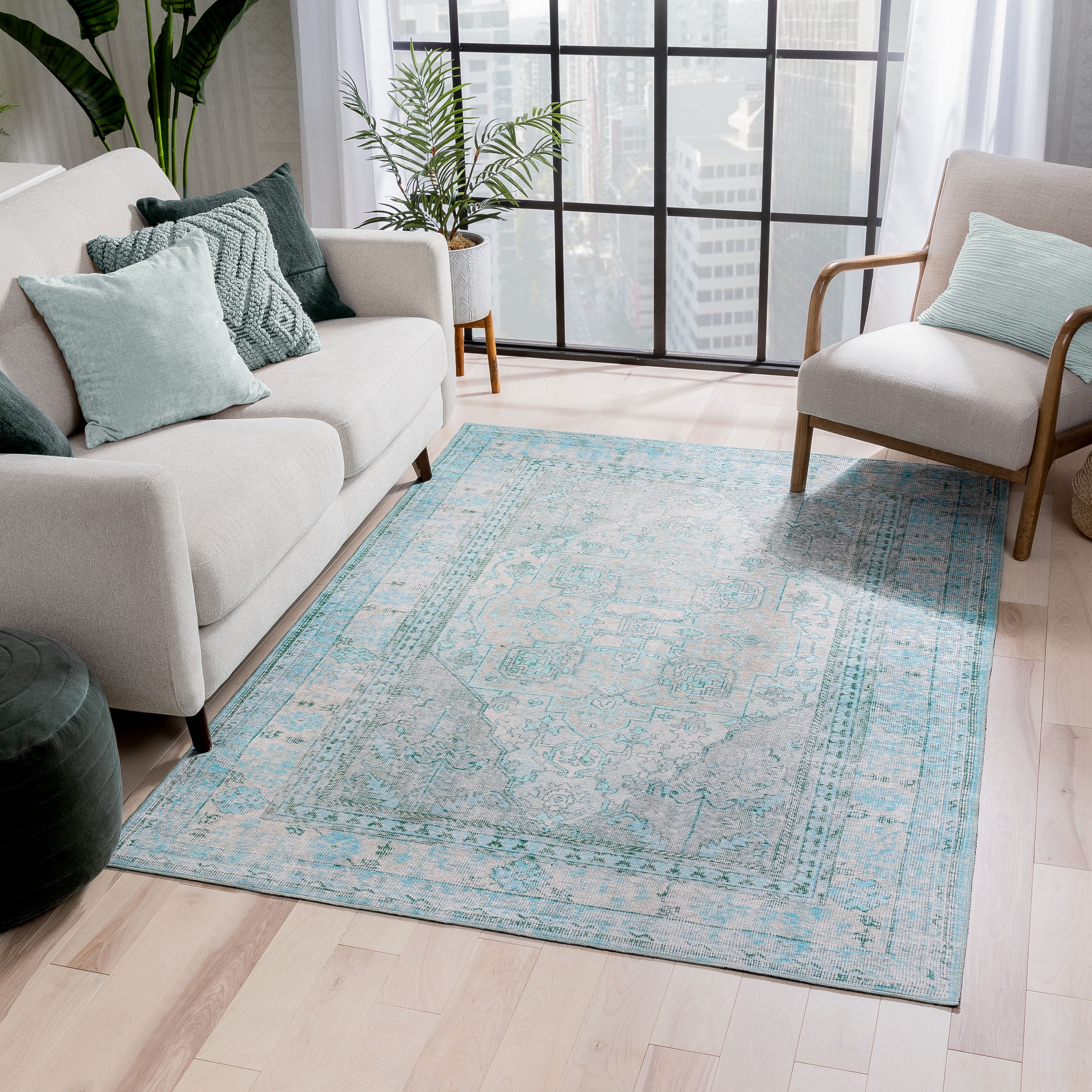 Well Woven Nile Gila Vintage Bohemian Medallion Botanical Border Green 5' x 7' Machine Washable Flat-Weave Area Rug