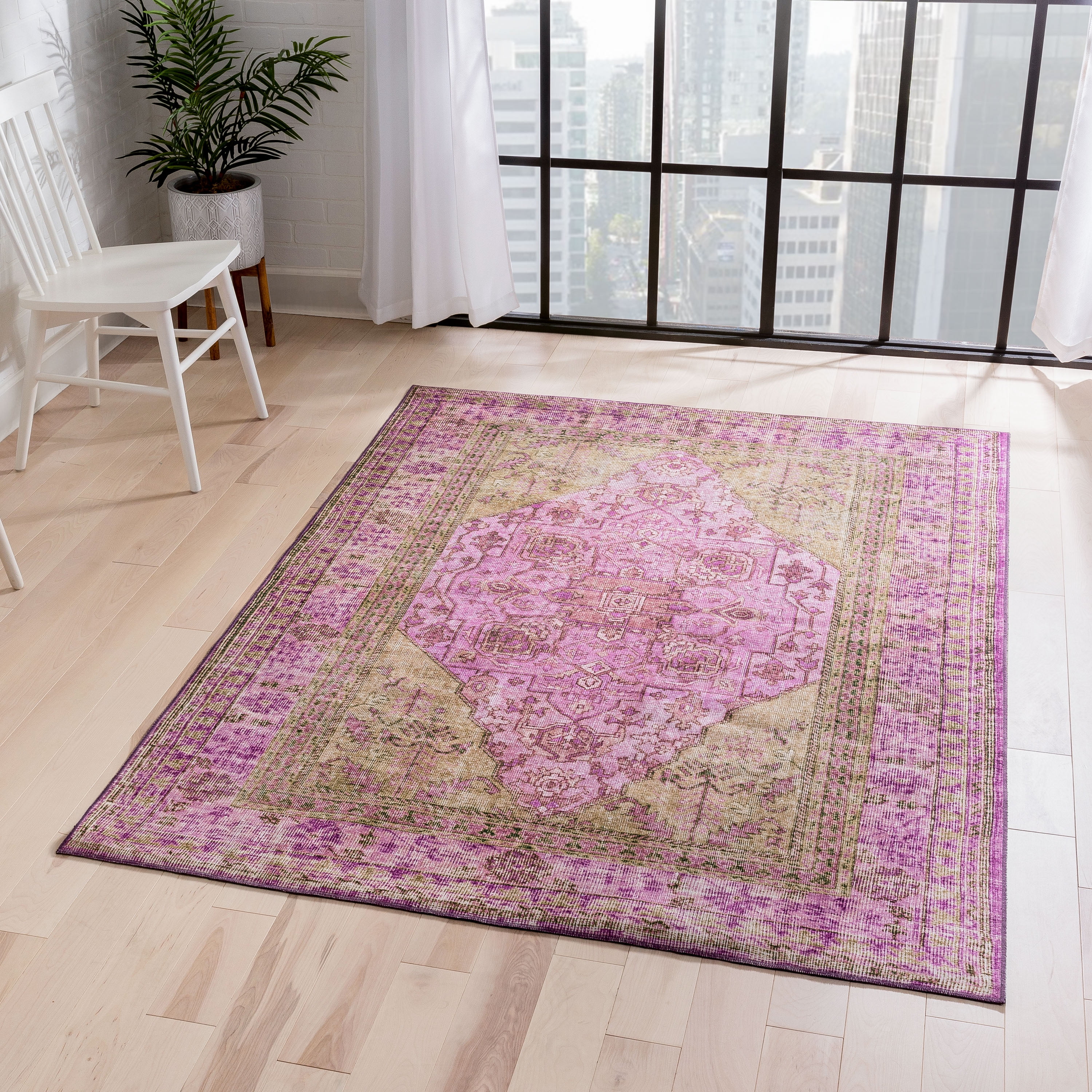 Well Woven Nile Gila Vintage Bohemian Medallion Botanical Border Pink 7'7" x 9'6" Machine Washable Flat-Weave Area Rug