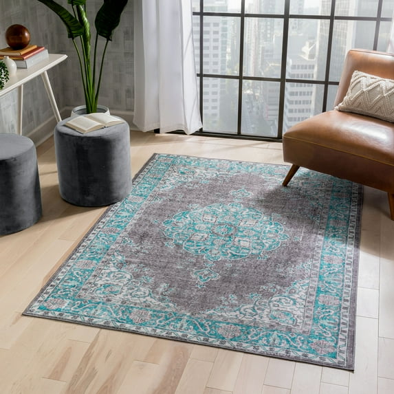 Well Woven Nile Tarifa Vintage Bohemian Medallion Floral Border Light Blue Machine Washable 7'7" x 9'6" Area Rug